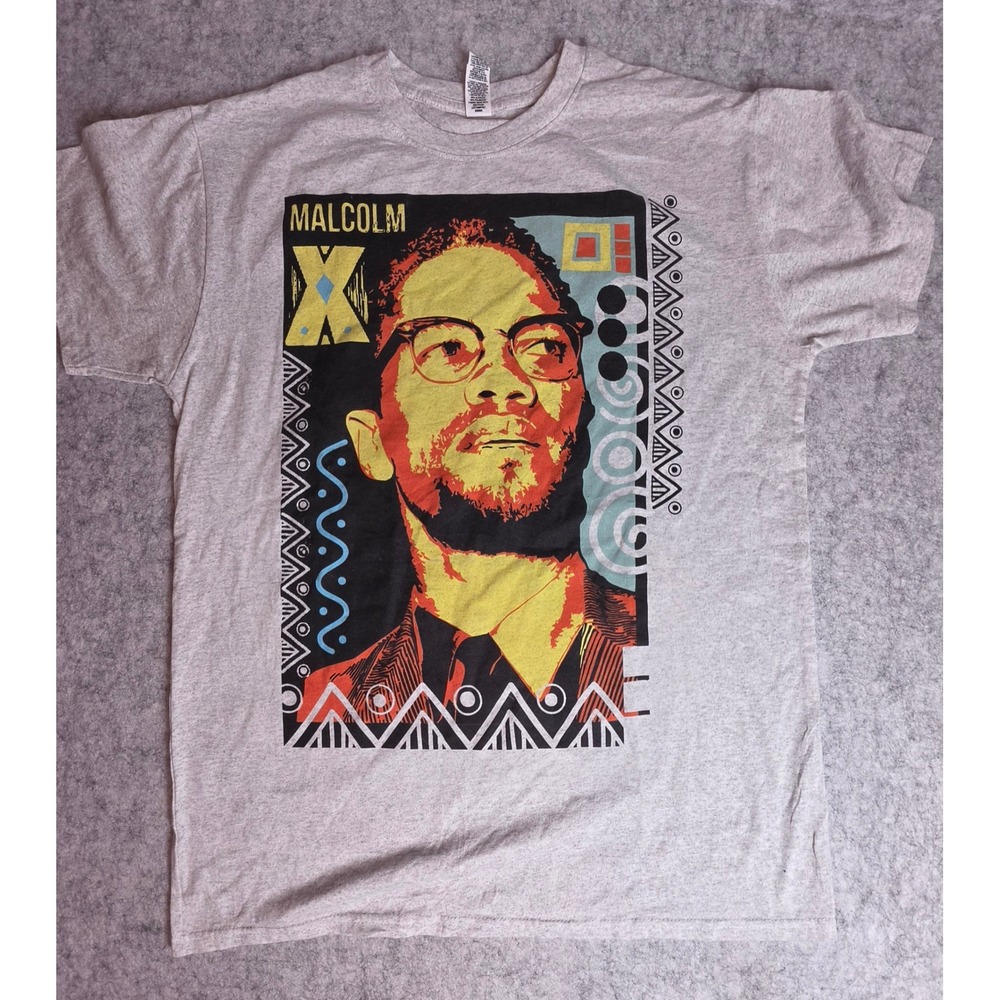 Brisco Brands Malcolm X Graphic T-Shirt Gray Mens Medium Civil Rights Leader Tee